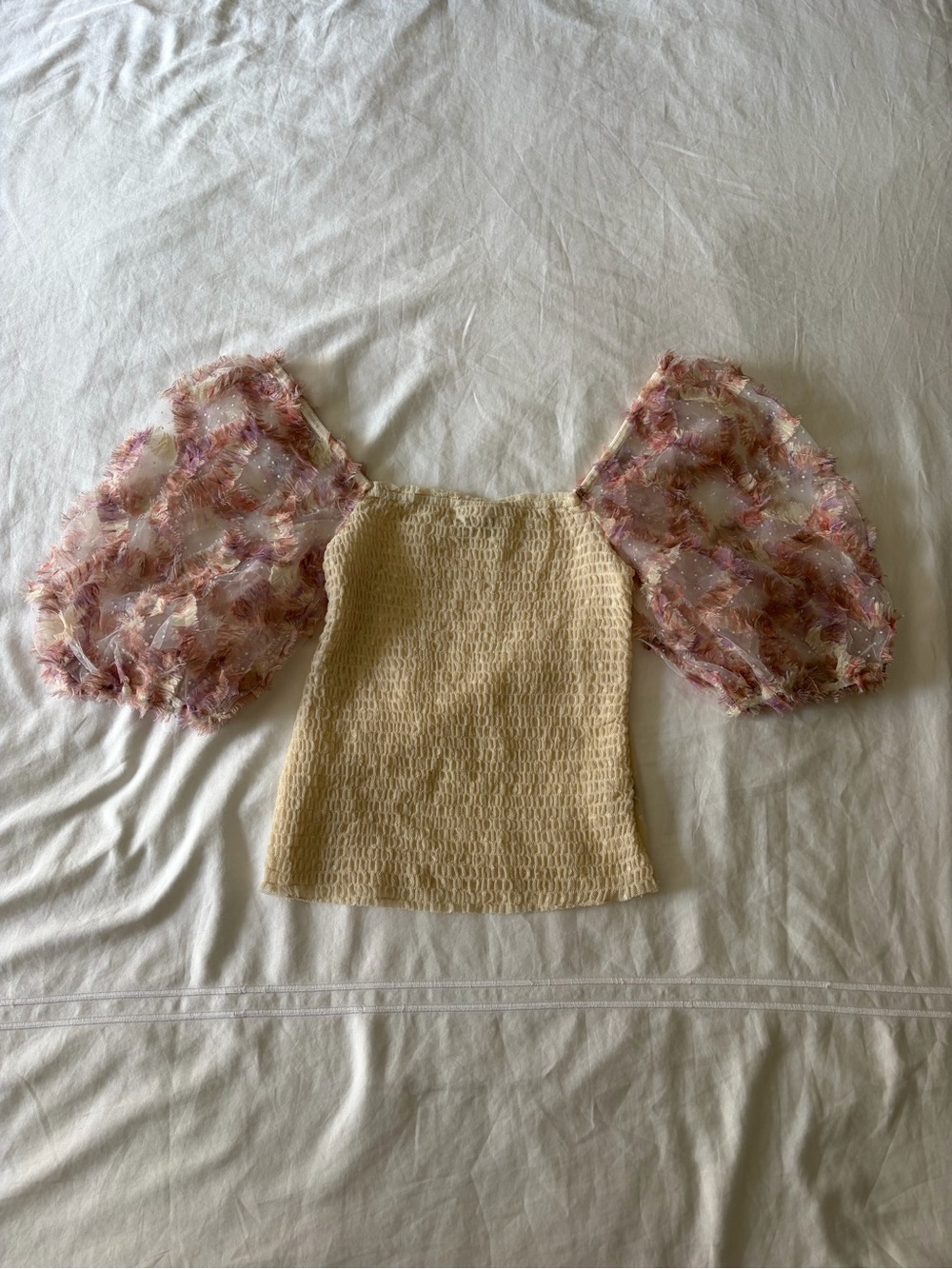 Free People Cream Smocked Top with Pink Floral Puff Sleeves Size XS/S